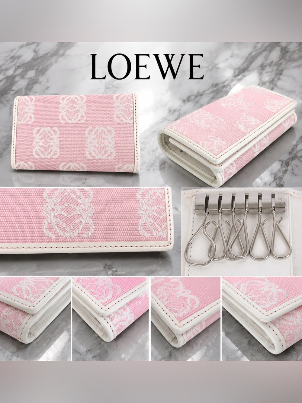 LOEWE Pink Canvas Anagram Key & Card Holder